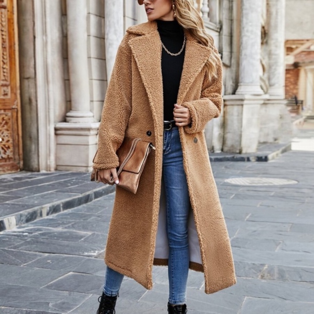 Camel wide collar teddy button trench Coat Jacket - Picture 4 of 5